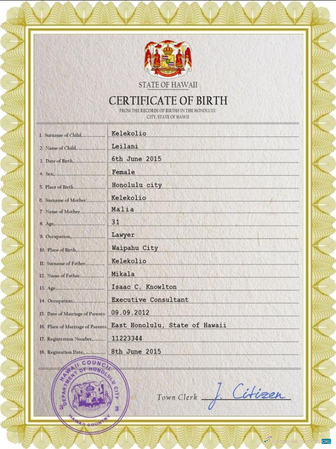 Download Hawaii birth certificate PSD template Photoshop template